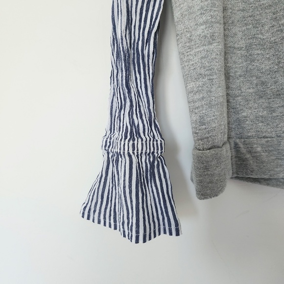 Mixed Media Bell Sleeve Sweatshirt Gray Blue Stripe Gray Sweater Medium - Picture 6 of 12